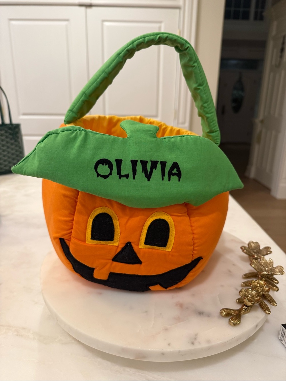 Personalized Orange and Green Pumpkin Halloween Trick-or-Treat Bag